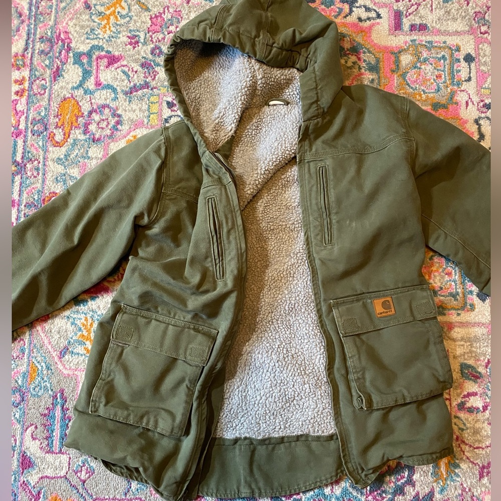 Carhartt Duck Sherpa Lined Moss Green Hooded Canvas Jacket